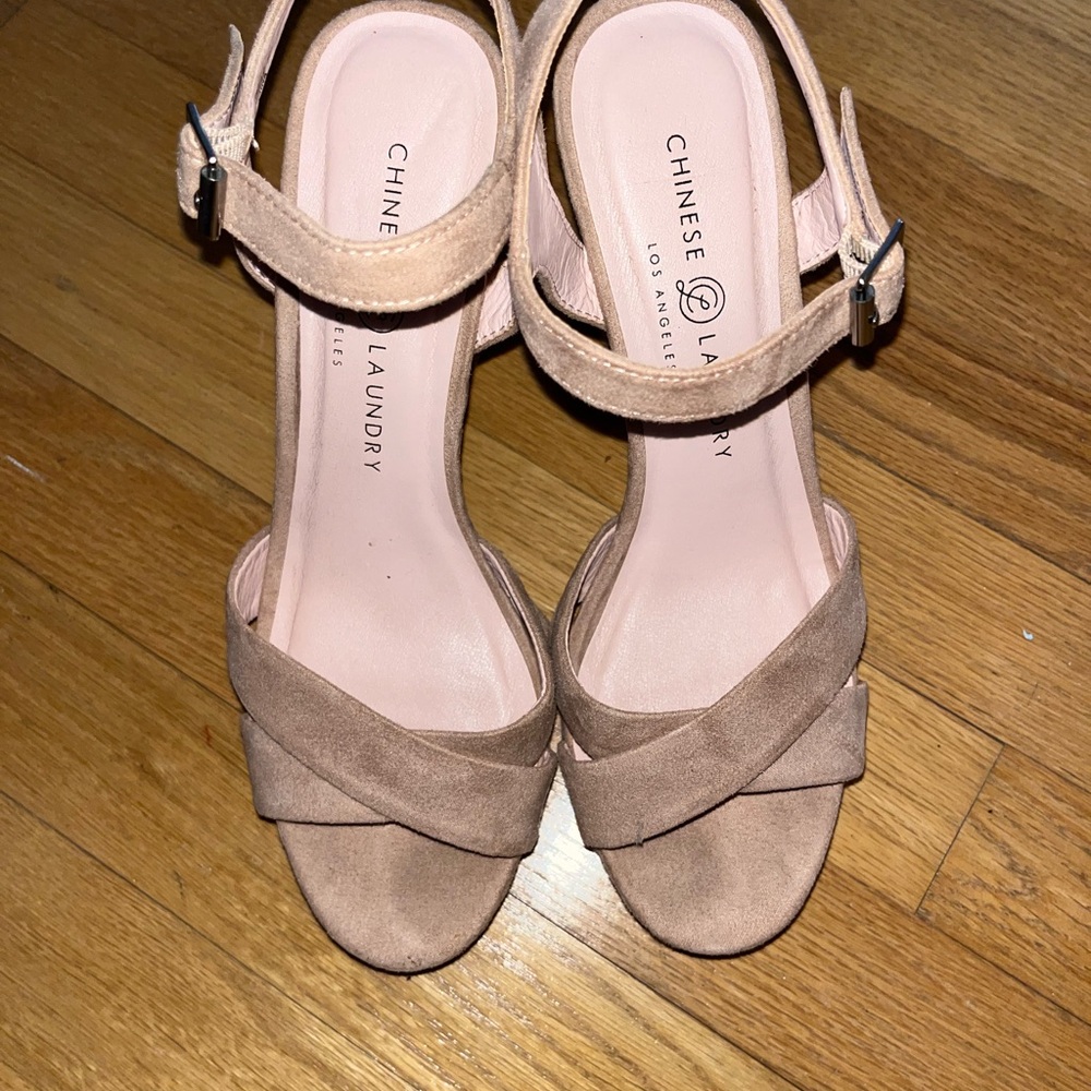 Chinese Laundry Blush/Taupe Suede Cross-Strap Ankle Sandals